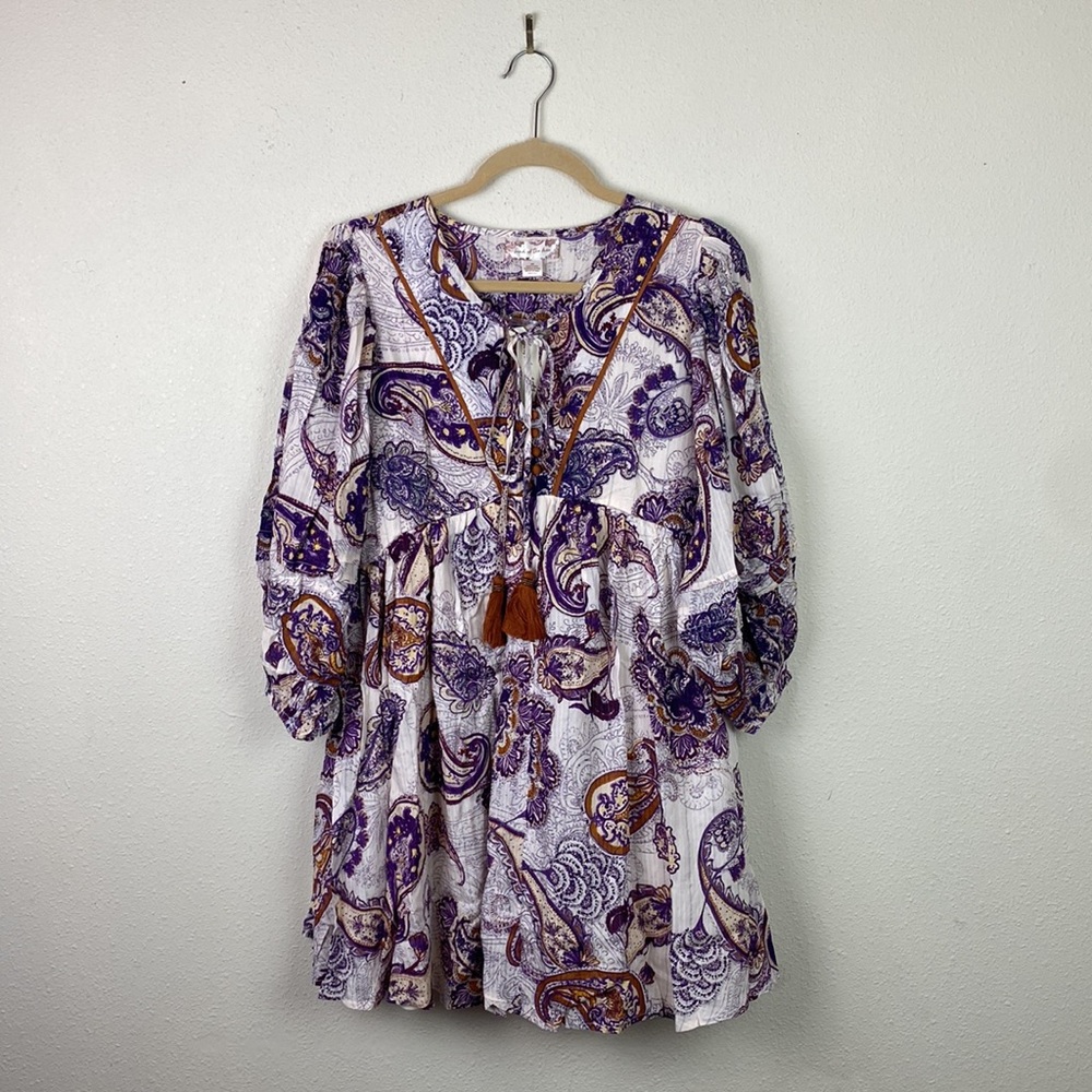 NWT Band of the Free | Purple Cream Paisley Blouson Sleeve Empire Mini Dress